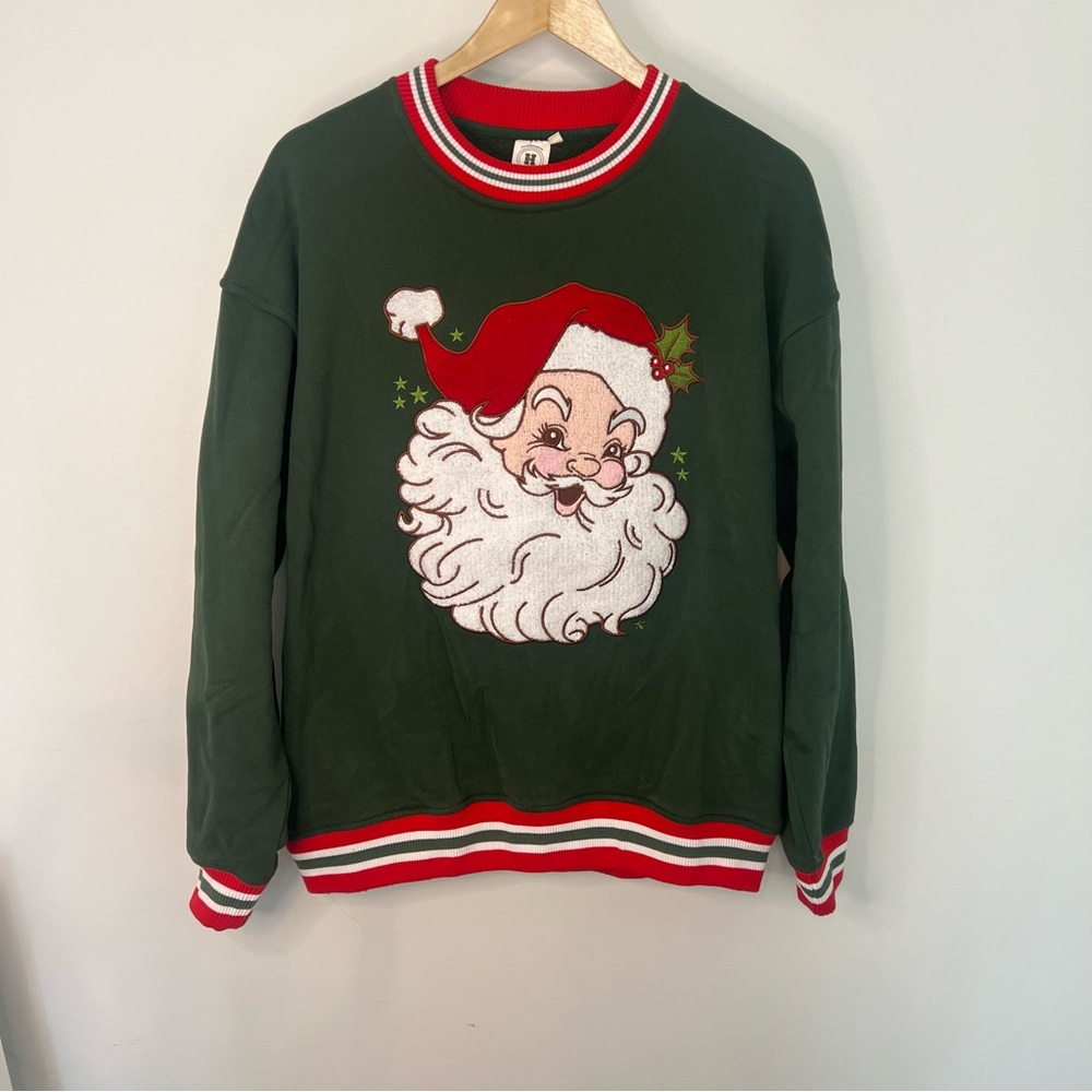 Boutique Santa Face Christmas Sweatshirt Large Green Holiday Fleece Pullover